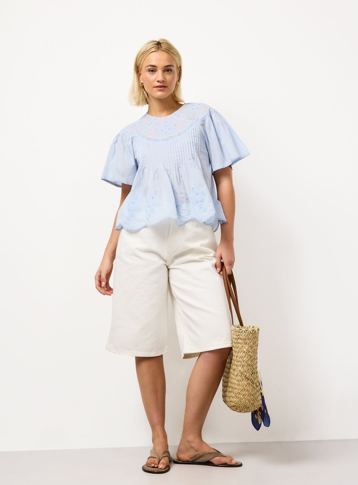 Light Blue Mesh Pintuck Short Sleeve Blouse 16 - Image 2 thumbnail
